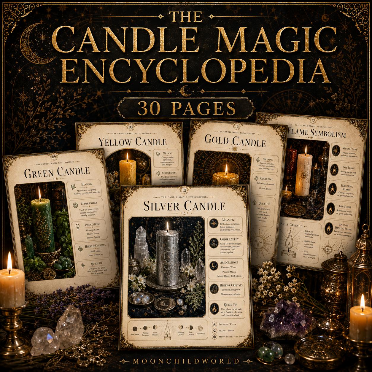Printable 30-page Candle Magic Grimoire with parchment-style pages, candle color meanings, and flame symbolism illustrations.