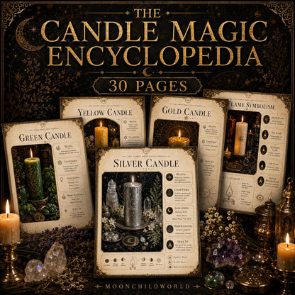 Printable 30-page Candle Magic Grimoire with parchment-style pages, candle color meanings, and flame symbolism illustrations.