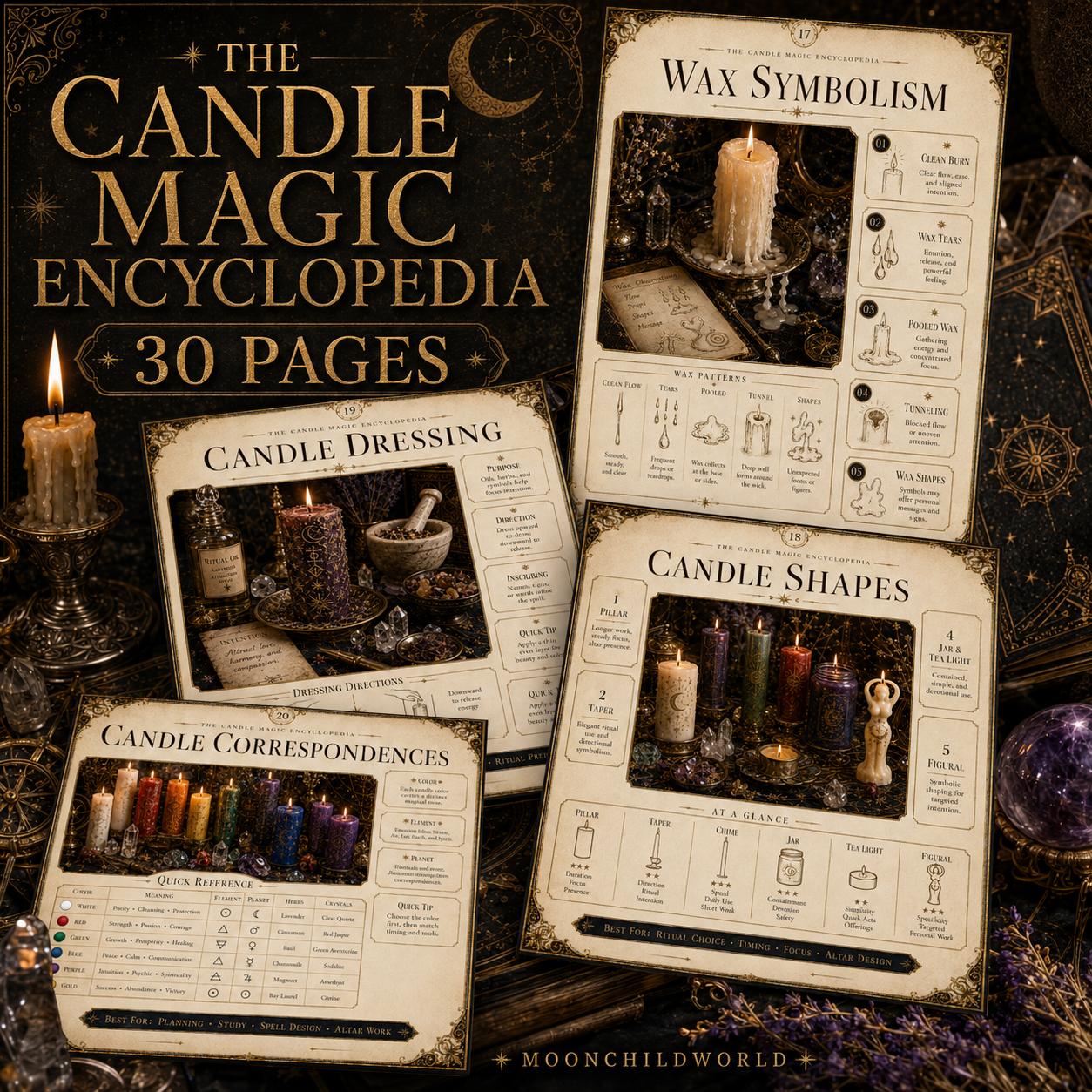 30-page printable candle magic grimoire with parchment-style pages, wax symbolism charts, and mystical illustrations.