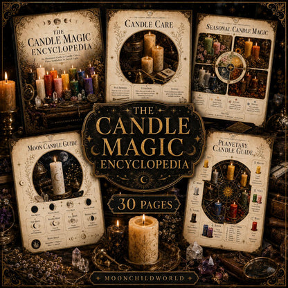 30-page printable candle magic grimoire with parchment-style pages, mystical illustrations, and candle color guides.