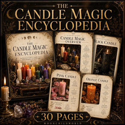 Printable Candle Magic Encyclopedia pages featuring vintage parchment designs, colorful candle guides, and mystical illustrations.