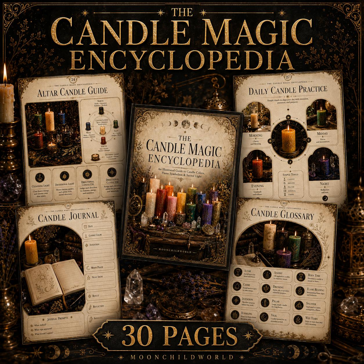 Printable Candle Magic Grimoire pages featuring vintage parchment designs, colorful candle illustrations, and occult symbols.