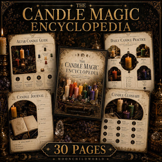 Printable Candle Magic Grimoire pages featuring vintage parchment designs, colorful candle illustrations, and occult symbols.