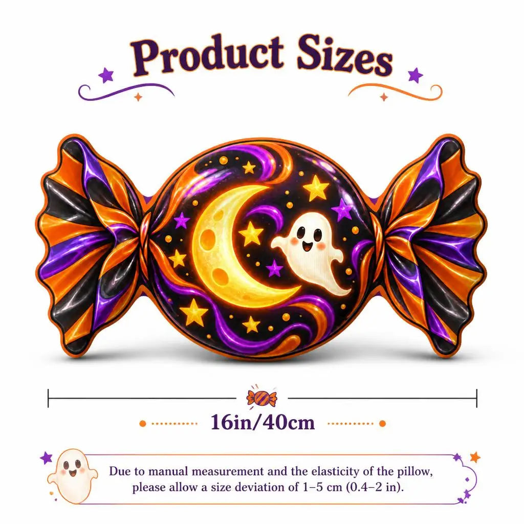 Size guide showing 16 inch / 40 cm: decorative plush pillow featuring candy, crescent moon and ghost artwork