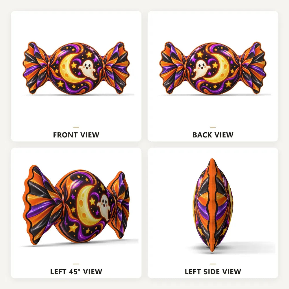 Front, back and side views: decorative plush pillow featuring candy, crescent moon and ghost artwork