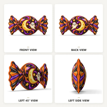 Front, back and side views: decorative plush pillow featuring candy, crescent moon and ghost artwork