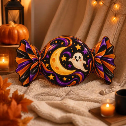 Styled room view: decorative plush pillow featuring candy, crescent moon and ghost artwork