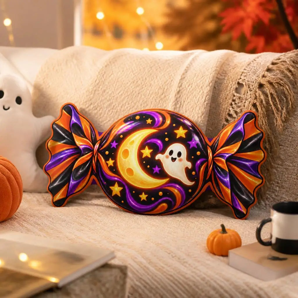 Alternate styled room view: decorative plush pillow featuring candy, crescent moon and ghost artwork