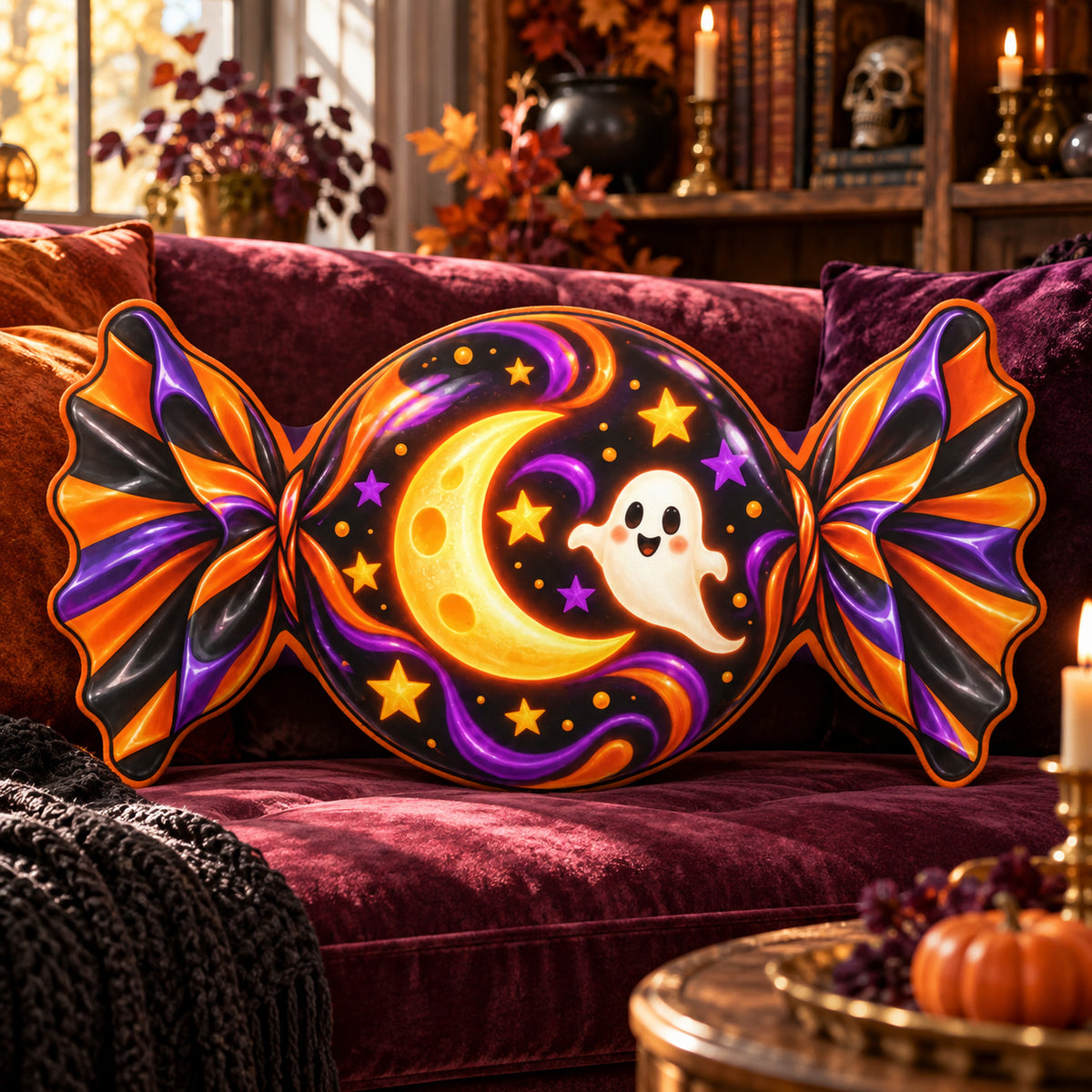 Candy Moon Ghost Shaped Plush Pillow in a witchy room