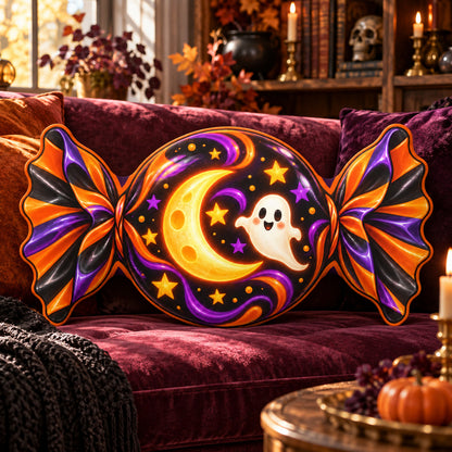 Candy Moon Ghost Shaped Plush Pillow in a witchy room
