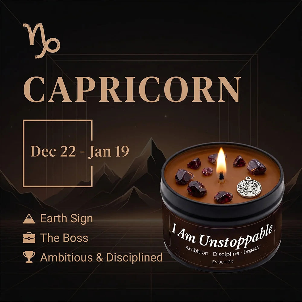 Capricorn Zodiac Candle, Dec 22 to Jan 19, with garnet crystals in wax - Earth Sign, The Boss, Ambitious and Disciplined
