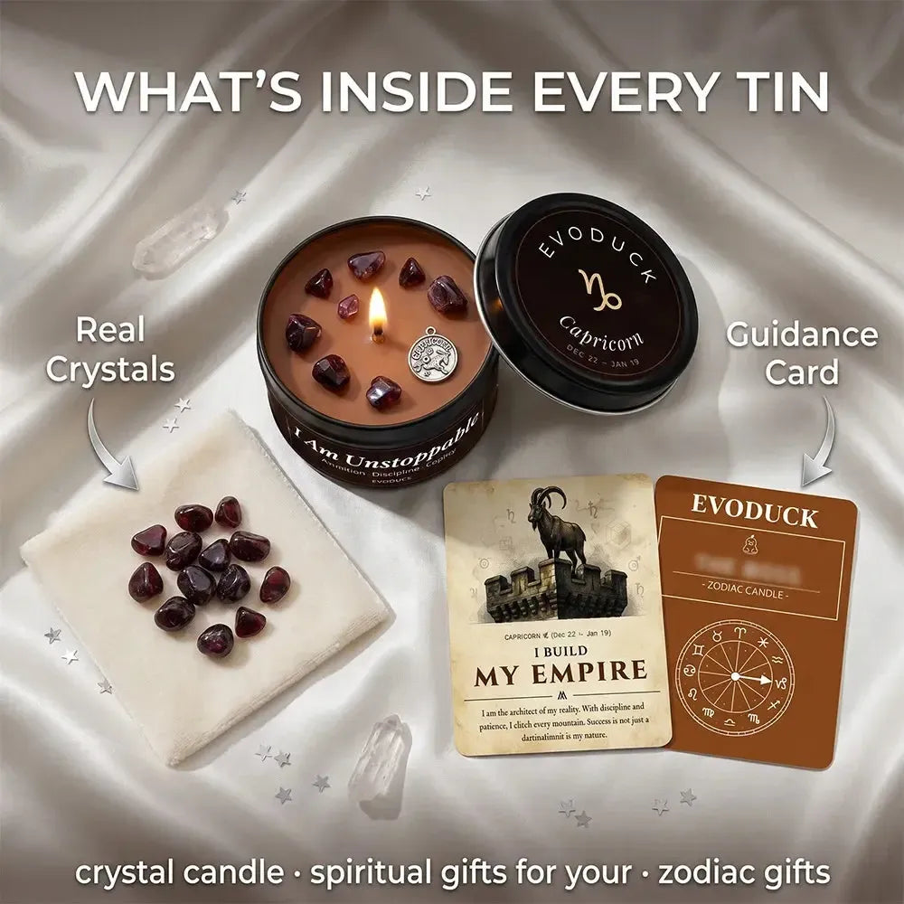 What's Inside Every Tin - Capricorn Candle with real garnet crystals and I Build My Empire guidance card