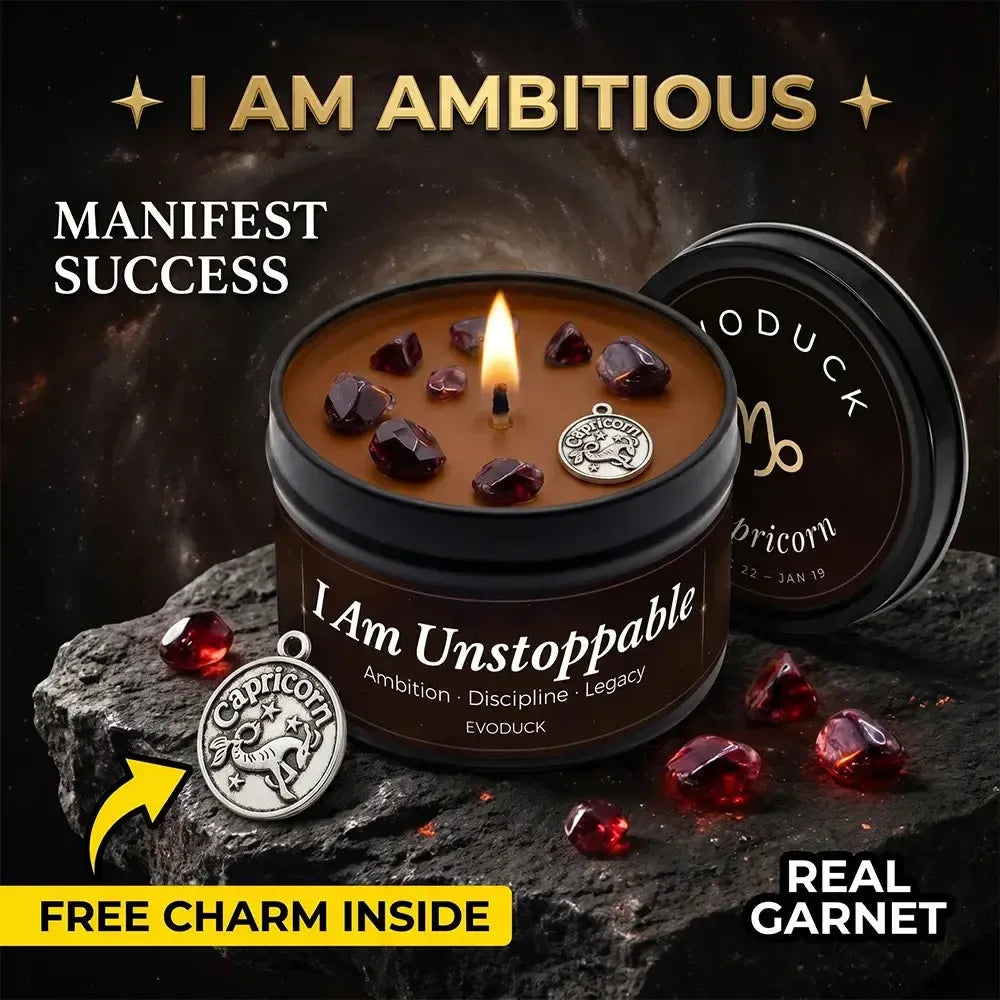 Capricorn Candle I Am Unstoppable with garnet crystal chunks and Capricorn charm on stone - Manifest Success, Real Garnet, Free Charm Inside
