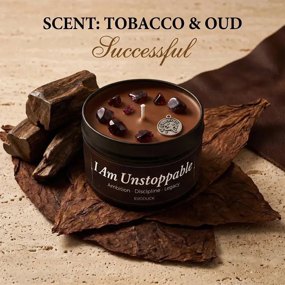 Capricorn Candle I Am Unstoppable with tobacco leaves and oud wood pieces - Scent Tobacco and Oud, Successful