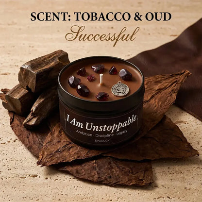 Capricorn Candle I Am Unstoppable with tobacco leaves and oud wood pieces - Scent Tobacco and Oud, Successful