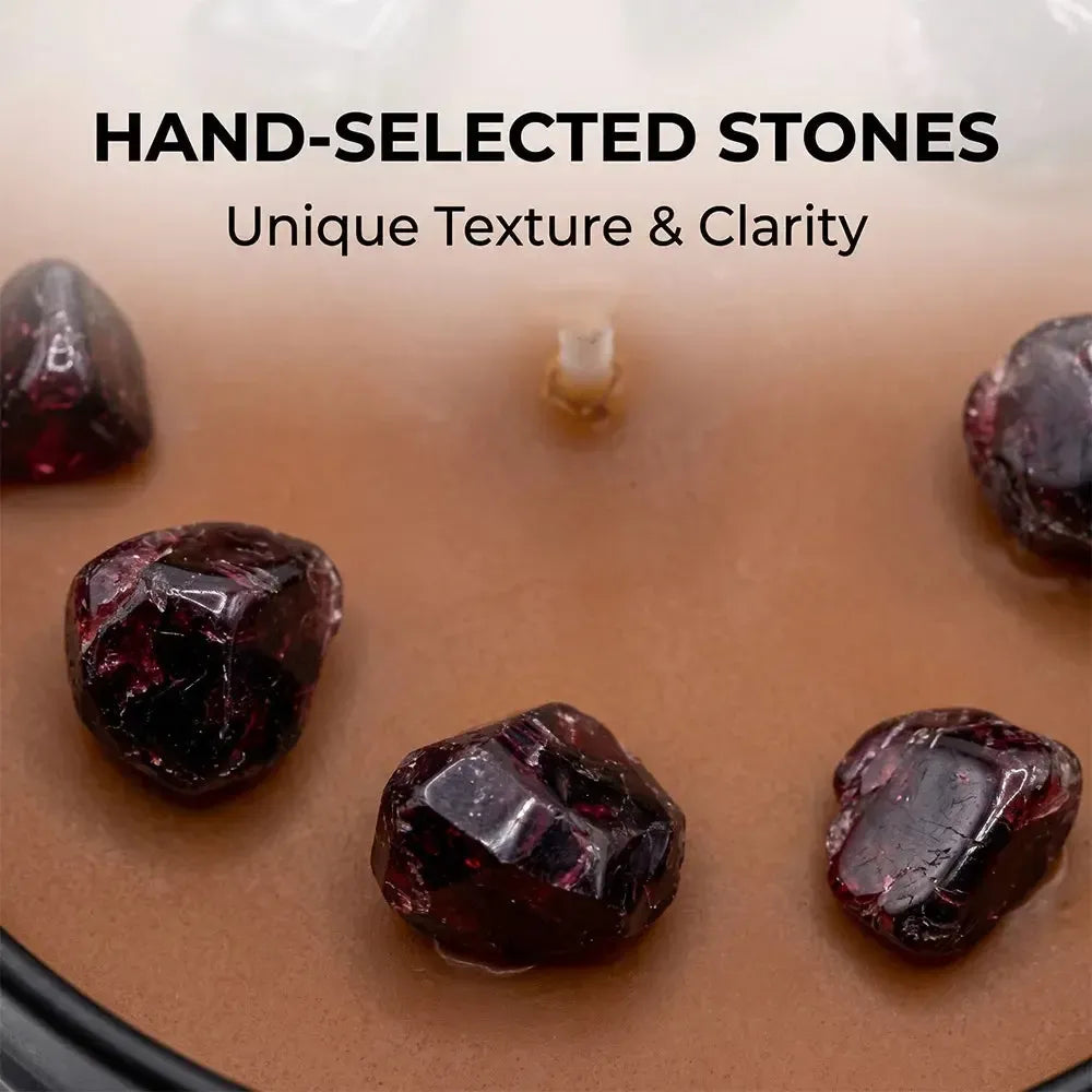 Close-up of Capricorn Candle amber wax with garnet crystal chunks - Hand-Selected Stones, Unique Texture and Clarity