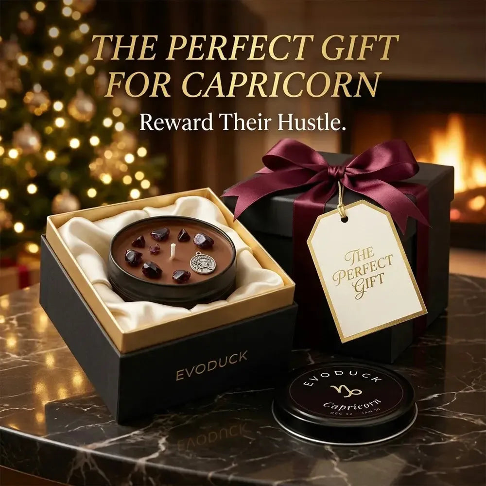 Capricorn Candle gift box with maroon ribbon and gift tag by a fireplace - The Perfect Gift for Capricorn, Reward Their Hustle