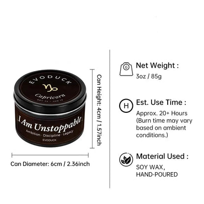 Capricorn Candle size specifications infographic - 3oz soy wax candle, 20 hour burn time, hand-poured