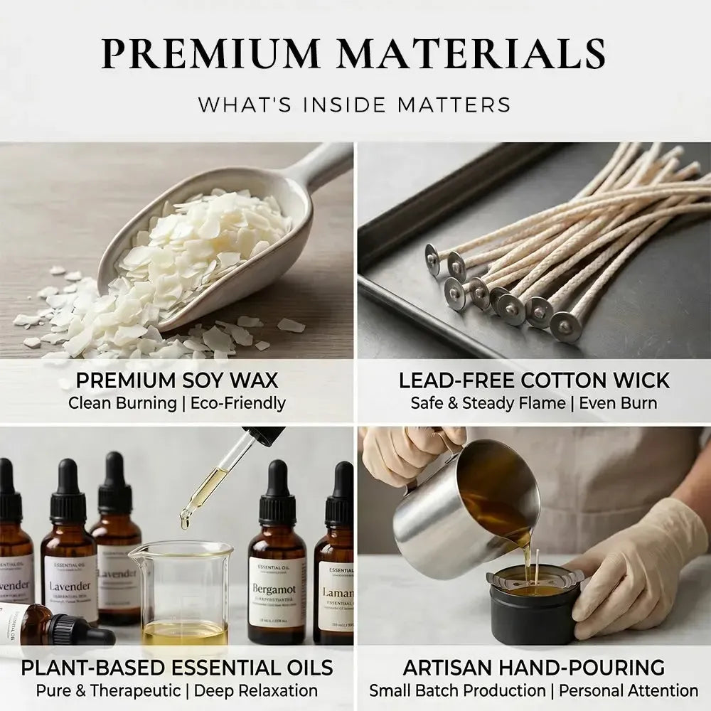 Premium Materials infographic - premium soy wax, lead-free cotton wick, plant-based essential oils and artisan hand-pouring process