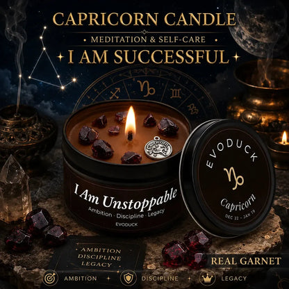 Capricorn Zodiac Candle I Am Unstoppable with garnet crystals and Capricorn charm - Ambition Discipline Legacy, Real Garnet