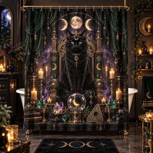 Cat Queen Shower Curtain - Gothic Throne Witchy Moon Decor