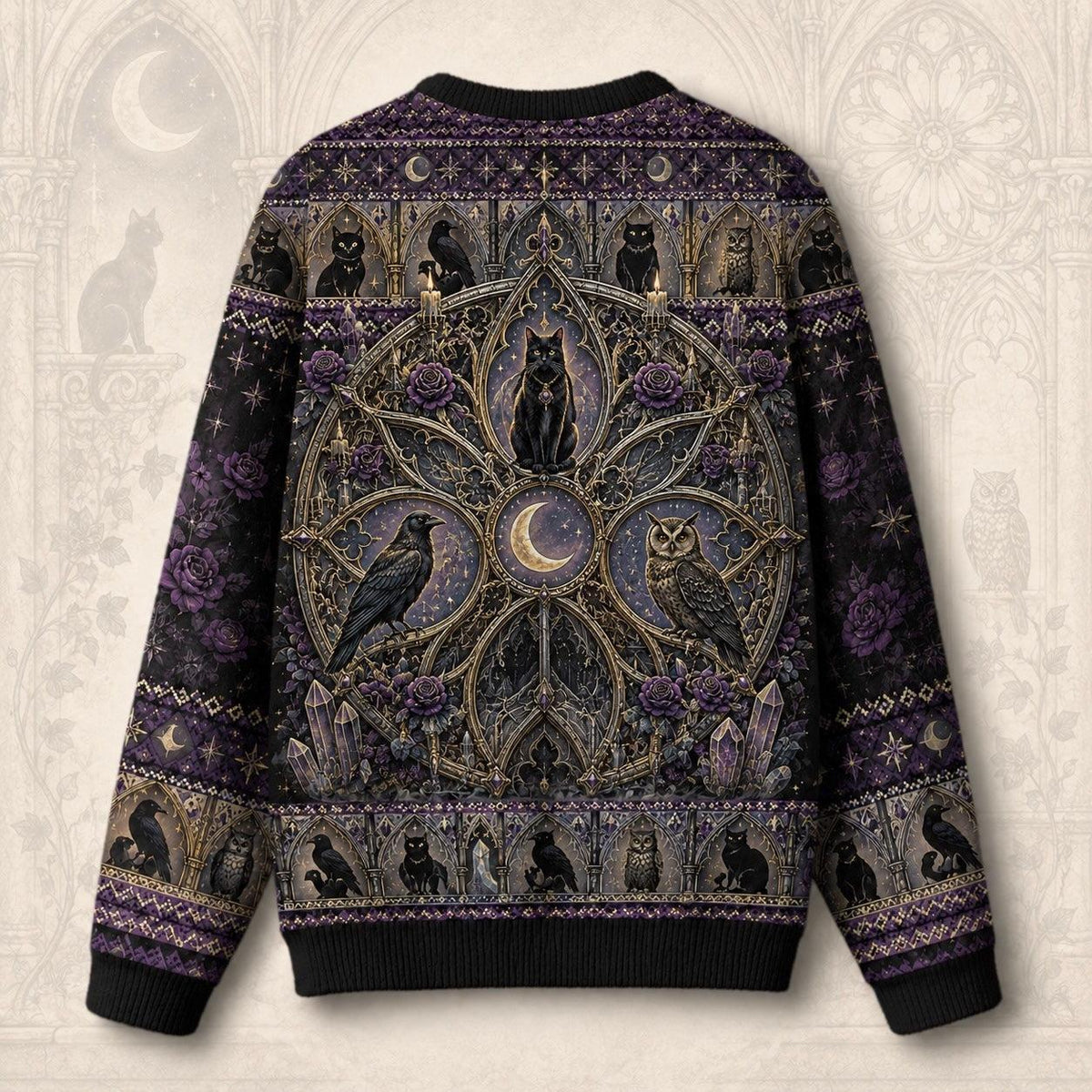 Cat Throne Sweater Raven Owl Star Mandala Purple Gothic Knit back view