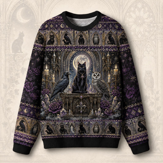 Cat Throne Sweater Raven Owl Star Mandala Purple Gothic Knit front view