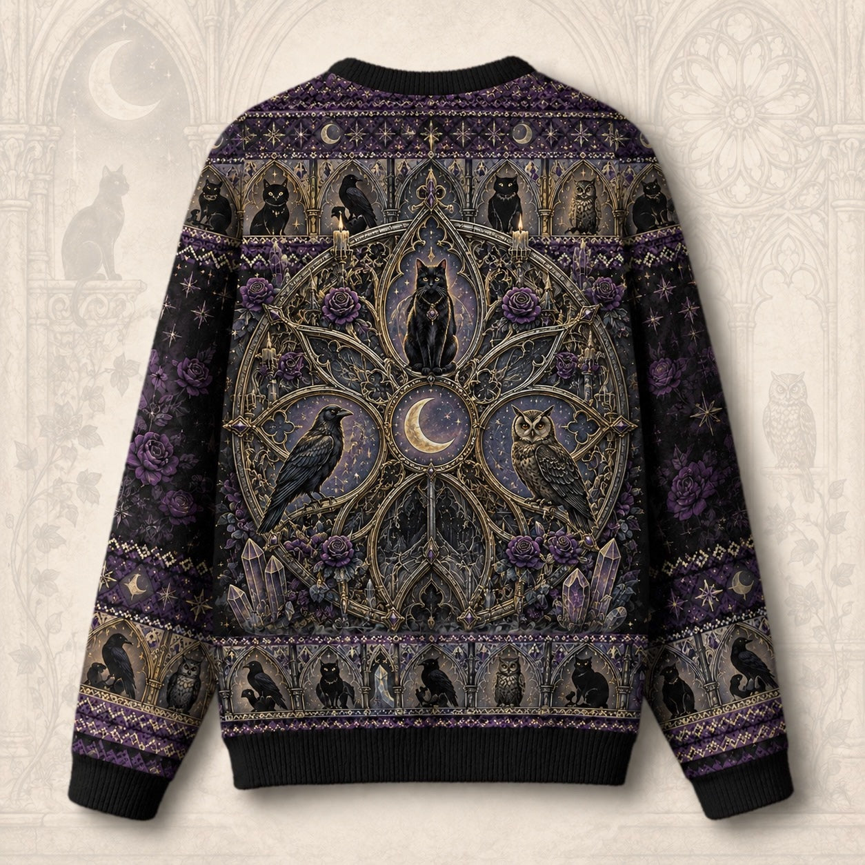 Cat Throne Sweater Raven Owl Star Mandala Purple Gothic Knit back view