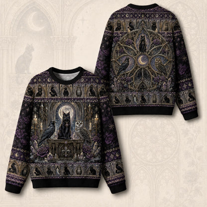 Cat Throne Sweater Raven Owl Star Mandala Purple Gothic Knit front and back together