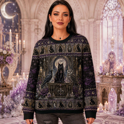 Cat Throne Sweater Raven Owl Star Mandala Purple Gothic Knit worn, front view