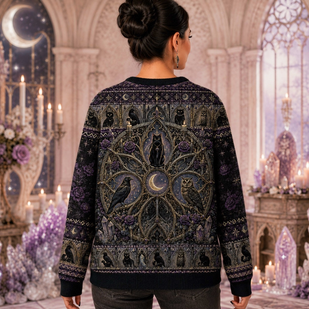 Cat Throne Sweater Raven Owl Star Mandala Purple Gothic Knit worn, back view