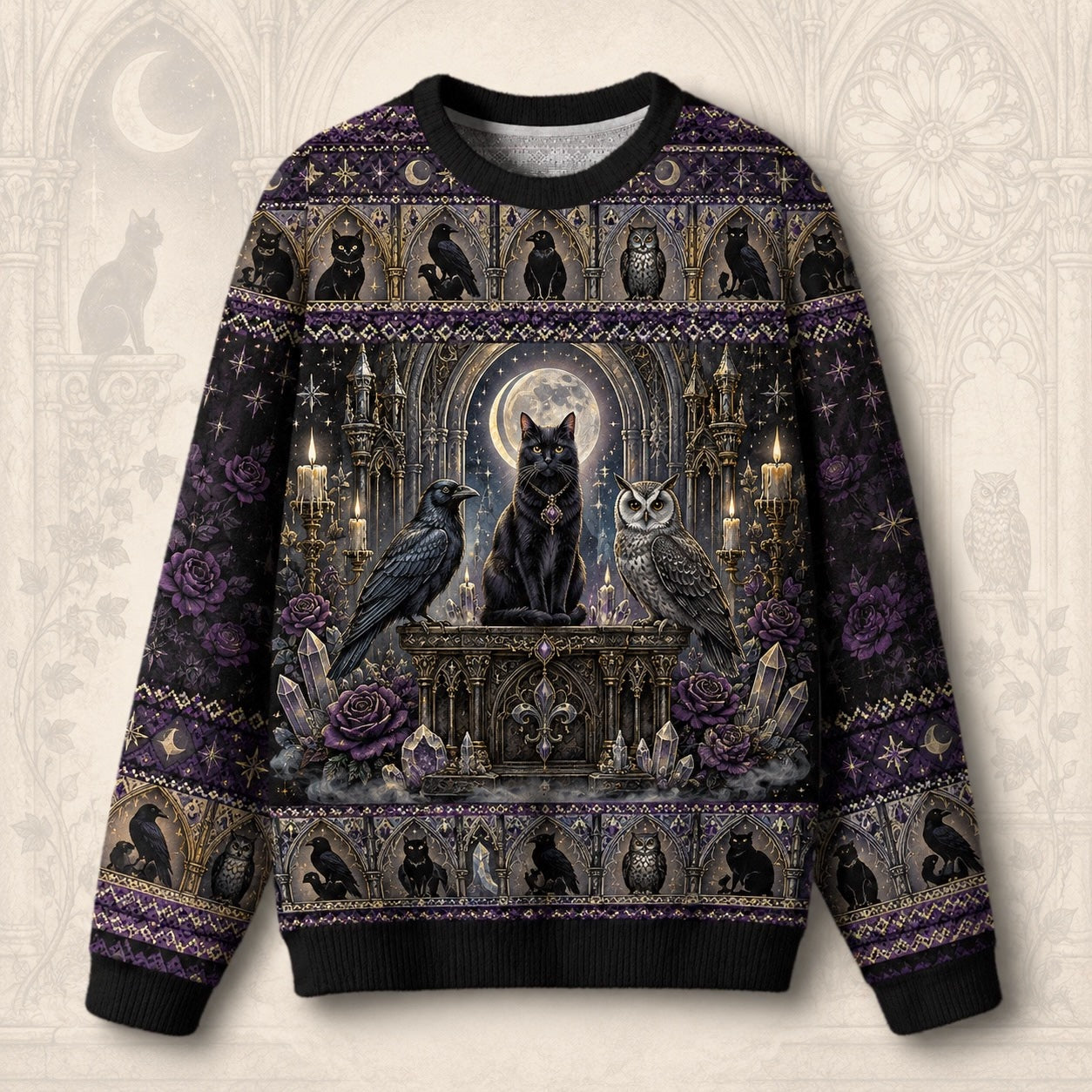 Cat Throne Sweater Raven Owl Star Mandala Purple Gothic Knit front view