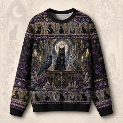 Cat Throne Sweater Raven Owl Star Mandala Purple Gothic Knit front view