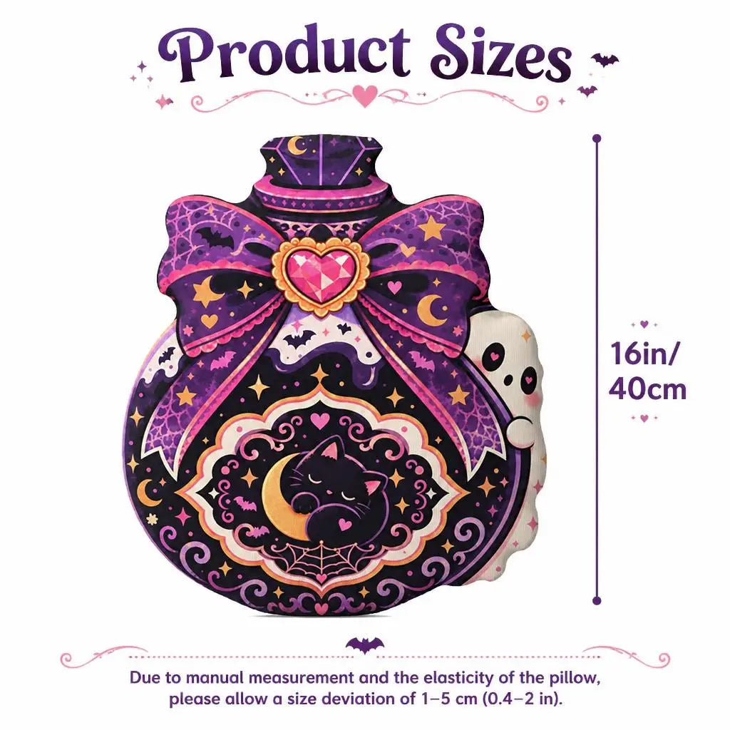 Size guide showing 16 inch / 40 cm: decorative plush pillow featuring ornate potion bottle with cat, ghost and bow artwork