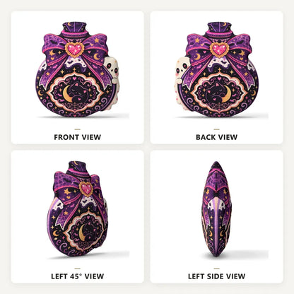 Front, back and side views: decorative plush pillow featuring ornate potion bottle with cat, ghost and bow artwork