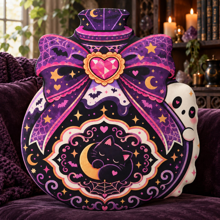 Cat Witch Potion Bottle Plush Pillow in a sunlit witchy room