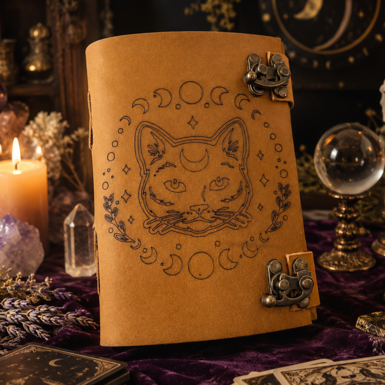 Cat and moon phase leather journal – handmade witch grimoire notebook, UV print cover, brass lock, view 2