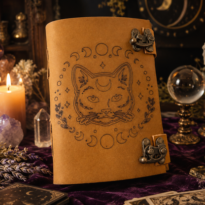 Cat and moon phase leather journal – handmade witch grimoire notebook, UV print cover, brass lock, view 2