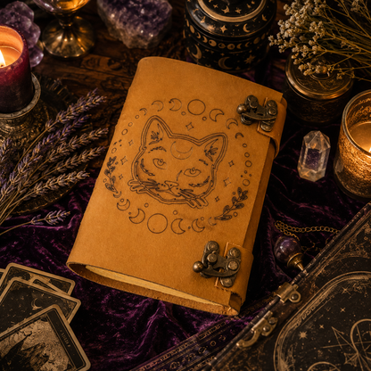 Cat and moon phase leather journal – handmade witch grimoire notebook, UV print cover, brass lock, view 3