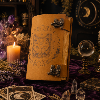 Cat and moon phase leather journal – handmade witch grimoire notebook, UV print cover, brass lock, view 4