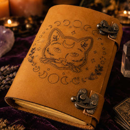 Cat and moon phase leather journal – handmade witch grimoire notebook, UV print cover, brass lock, view 1