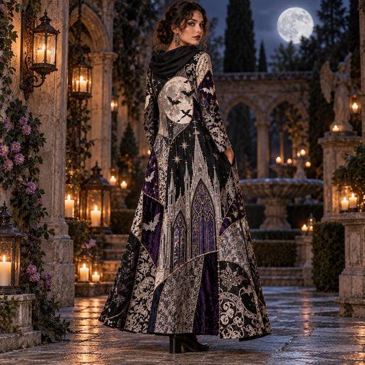 Cathedral Bat Moon Gothic Cowl Neck Dress – Witchy Violet Maxi – worn, back view