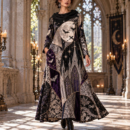 Cathedral Bat Moon Gothic Cowl Neck Dress – Witchy Violet Maxi – worn, in motion