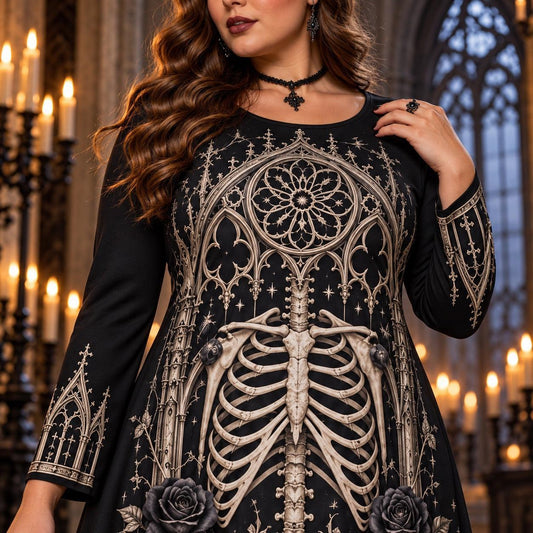 Cathedral Skeleton Plus Size Witch Dress – Gothic Bone Long Sleeve Maxi – close up of the printed artwork