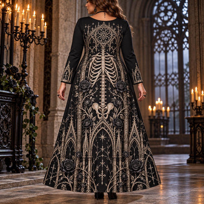 Cathedral Skeleton Plus Size Witch Dress – Gothic Bone Long Sleeve Maxi – worn, back view