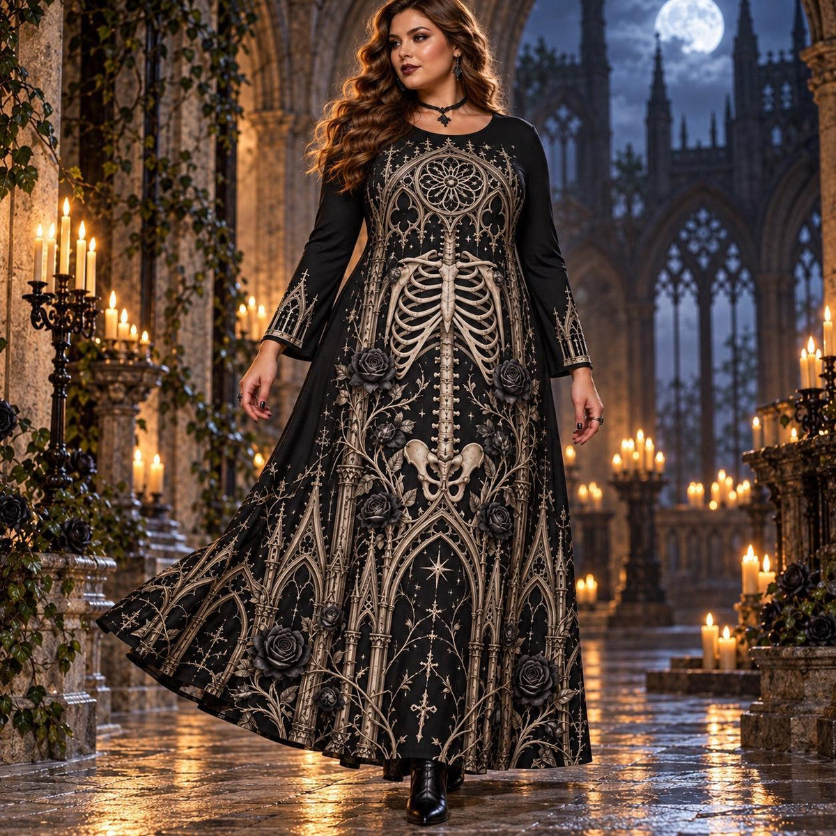 Cathedral Skeleton Plus Size Witch Dress – Gothic Bone Long Sleeve Maxi – worn, in motion