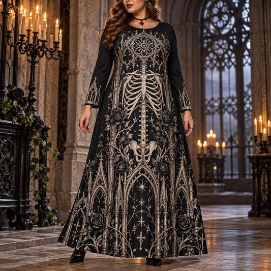 Cathedral Skeleton Plus Size Witch Dress – Gothic Bone Long Sleeve Maxi – worn, front view