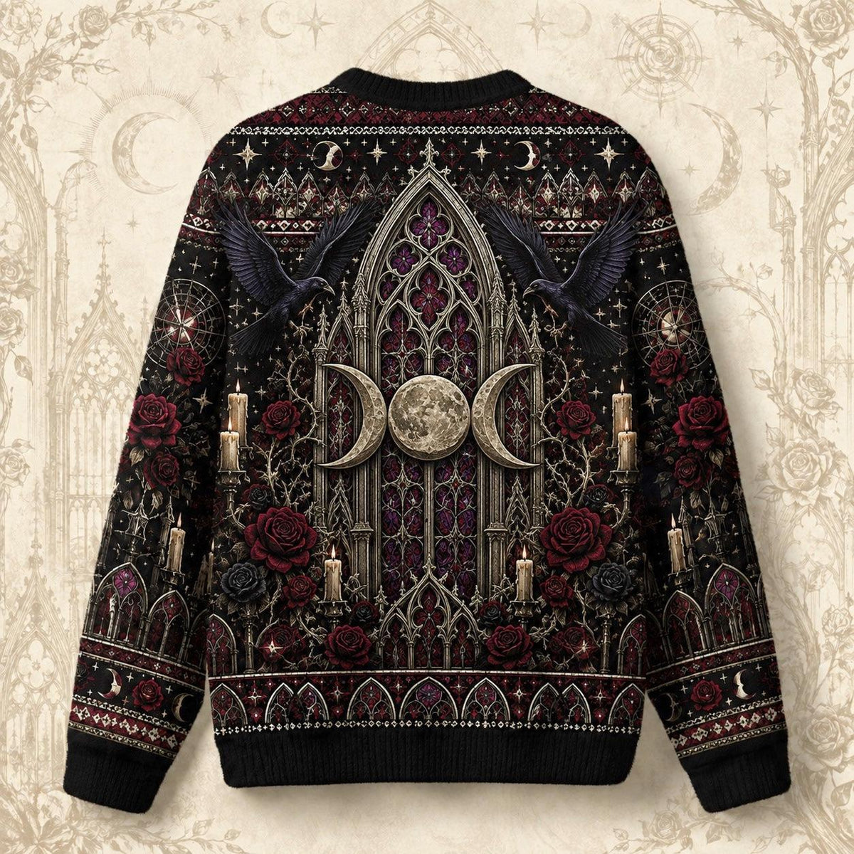 Gothic Cathedral Witch Sweater Rose Window Triple Moon Knit back view