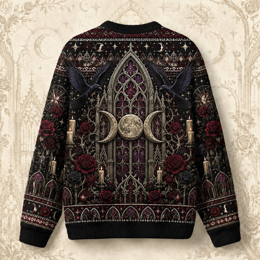 Gothic Cathedral Witch Sweater Rose Window Triple Moon Knit back view