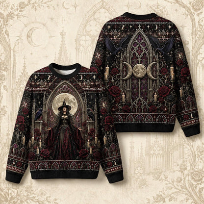 Gothic Cathedral Witch Sweater Rose Window Triple Moon Knit front and back together